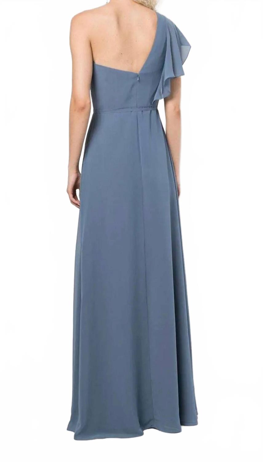 Gathered One Shoulder Gown In Slate Blue