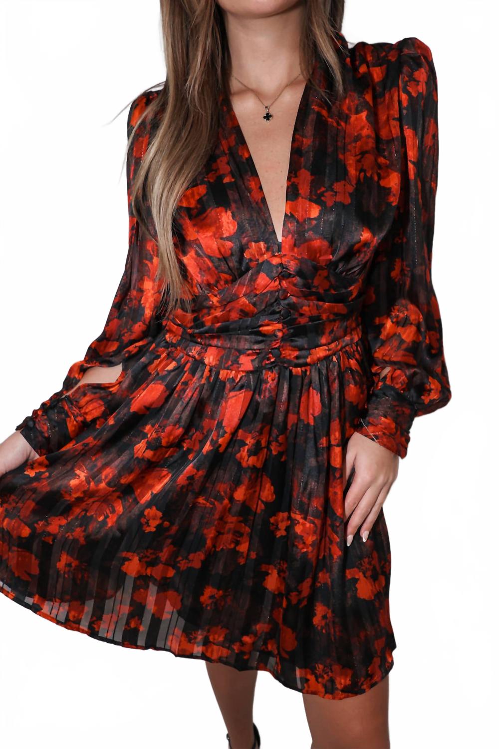 Floral Long Sleeve Mini Dress In Red