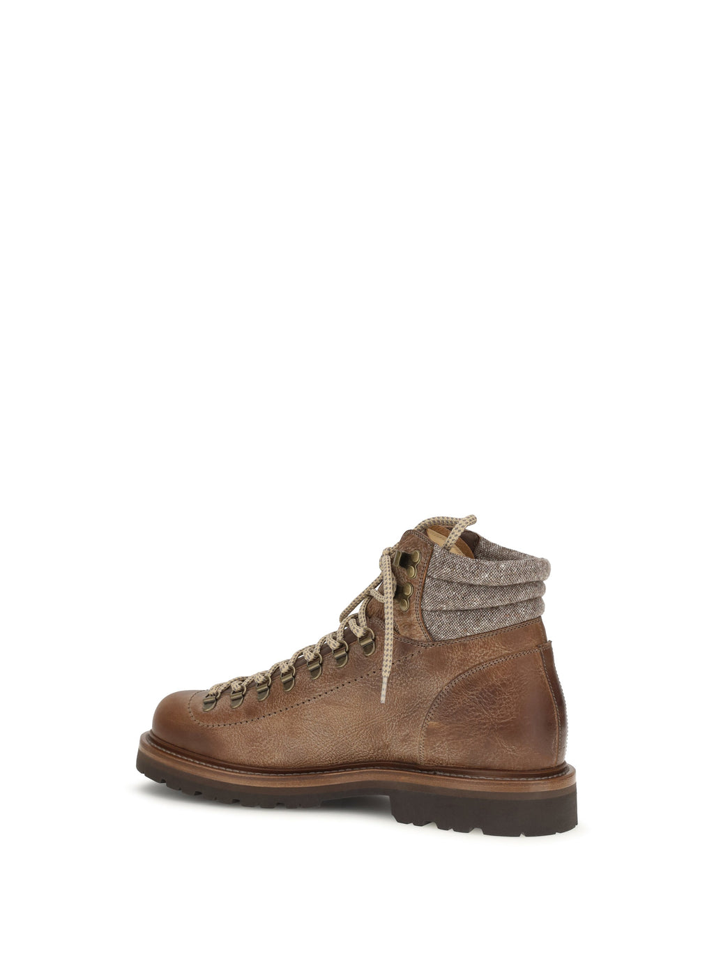 Brunello Cucinelli Men Mountain Boots In Leather With Wool And Cashmere Inserts