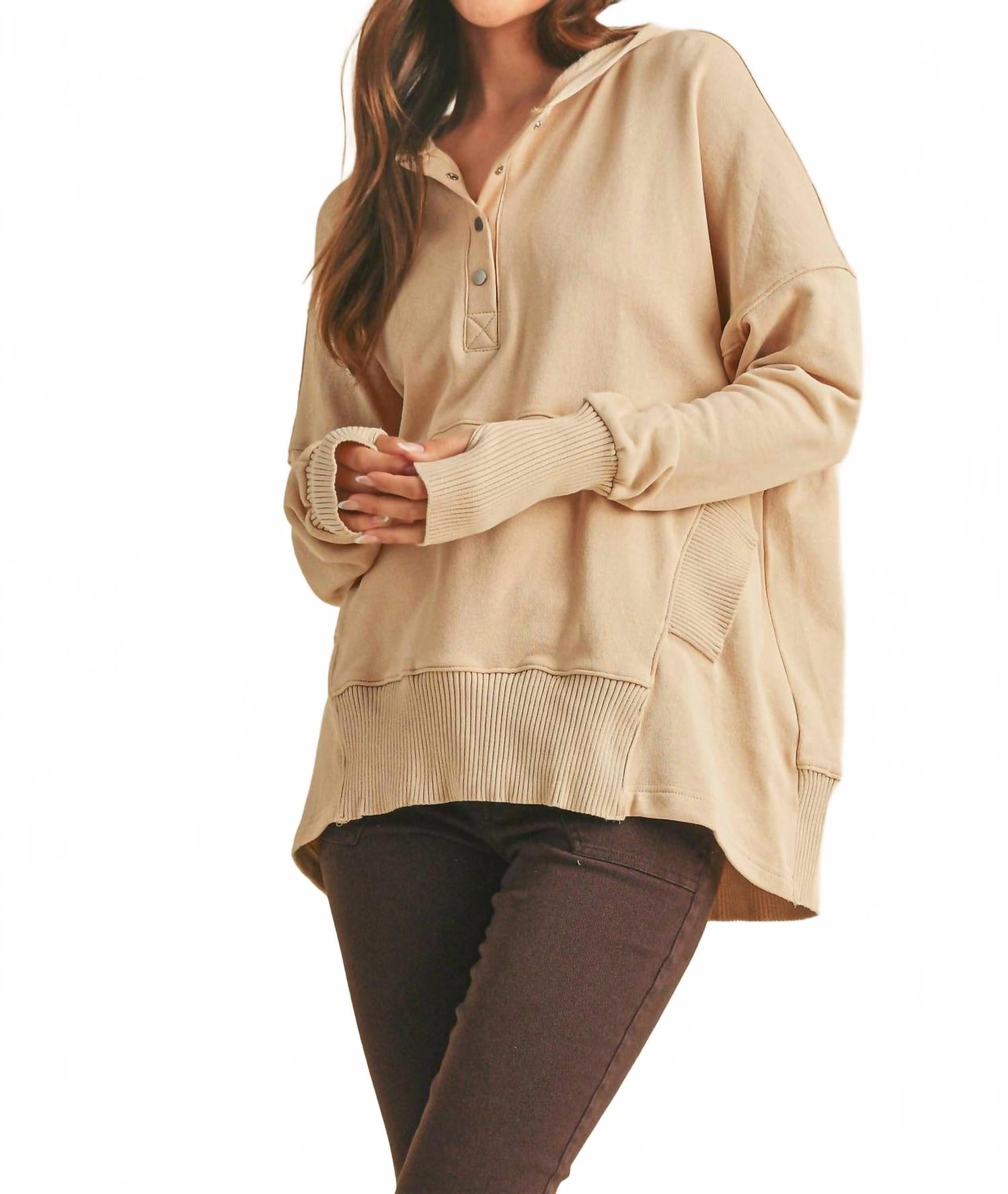 Vivi Pullover With Front Pouch Pocket Hoodie In Beige