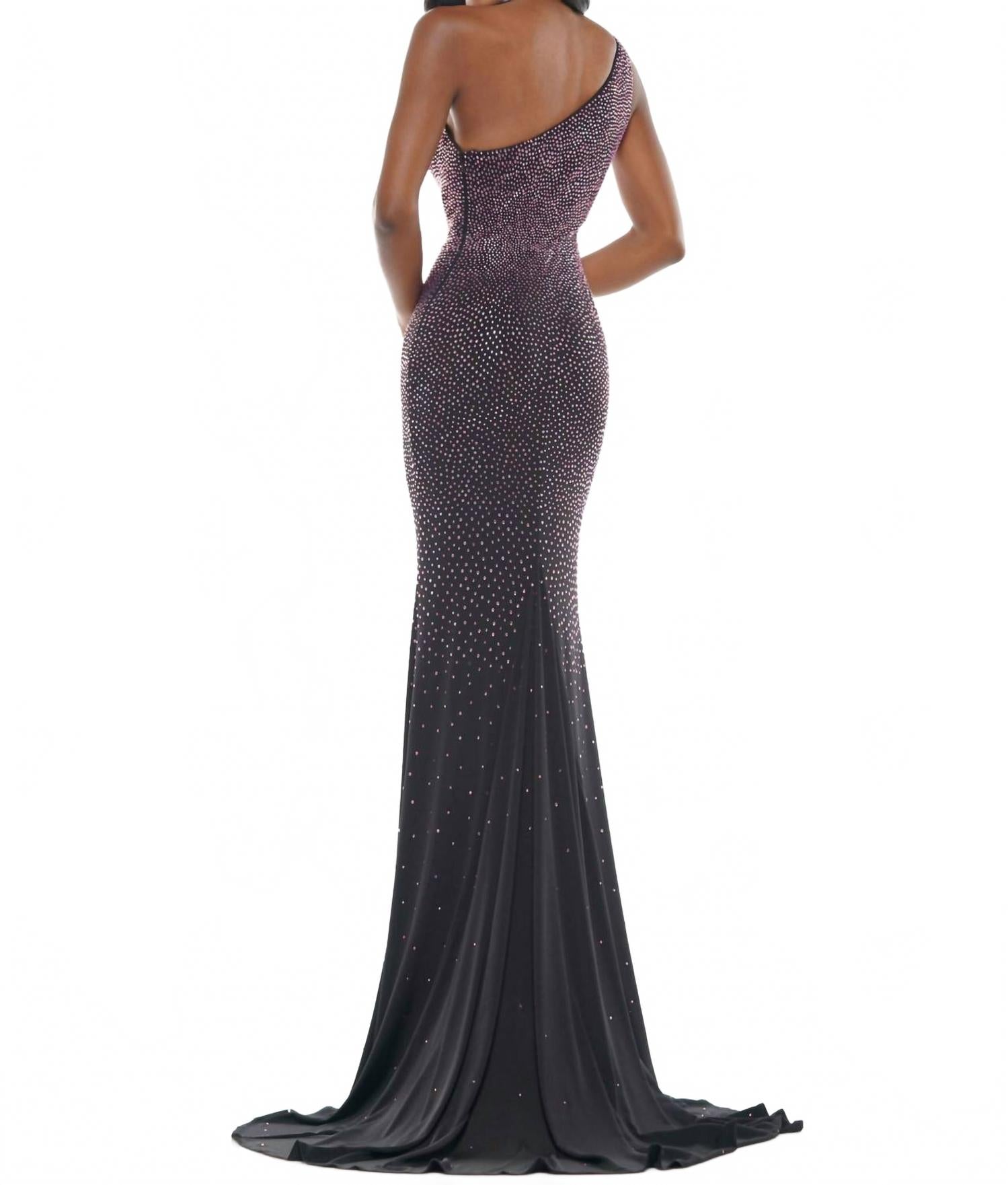 One Shoulder Sequin Gown In Black/pink