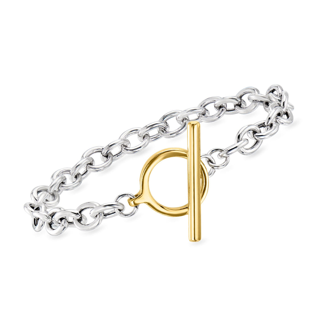 Ross-Simons Sterling Silver and 18kt Gold Over Sterling Cable-Chain Toggle Bracelet