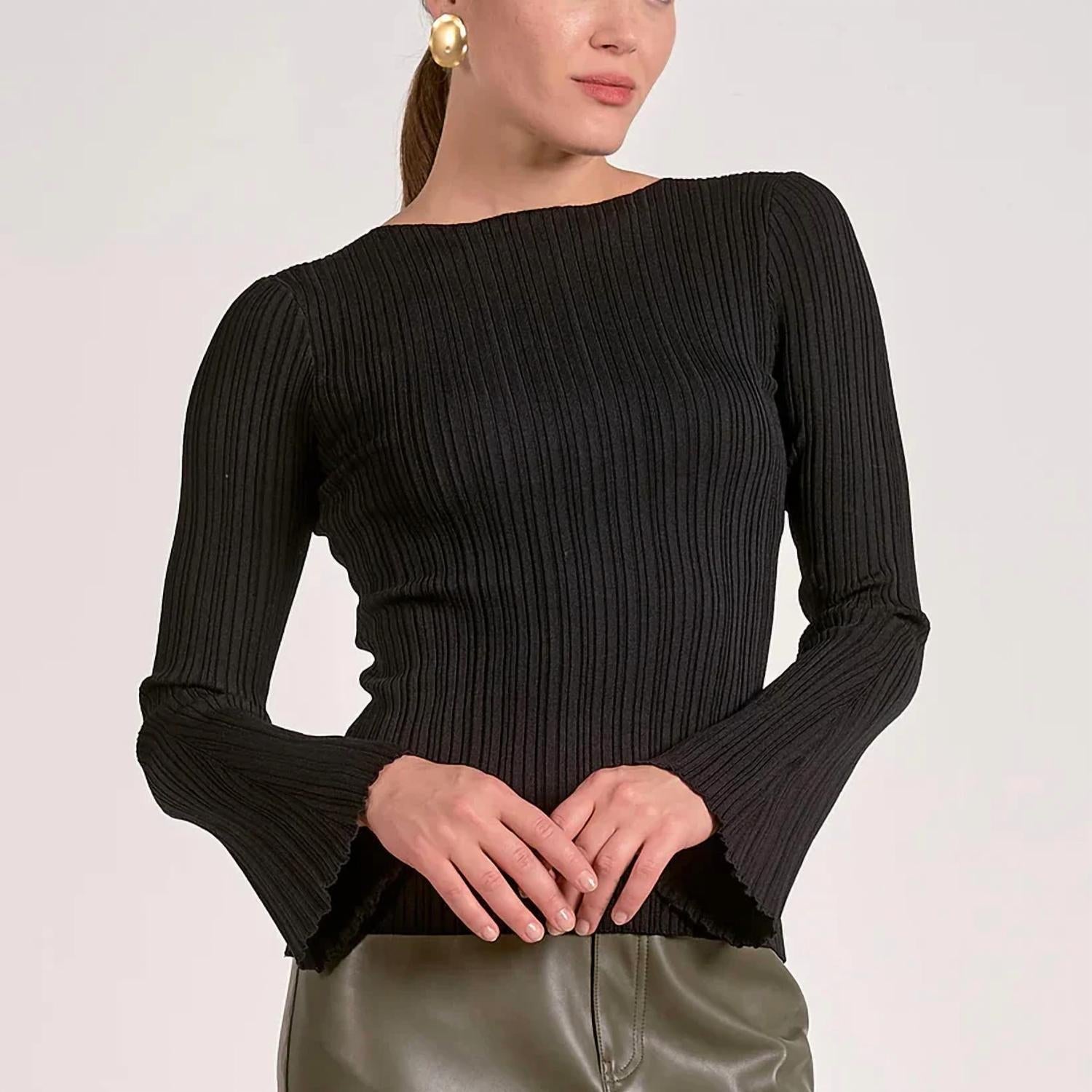 Ribbed Long Sleeve Top In Black