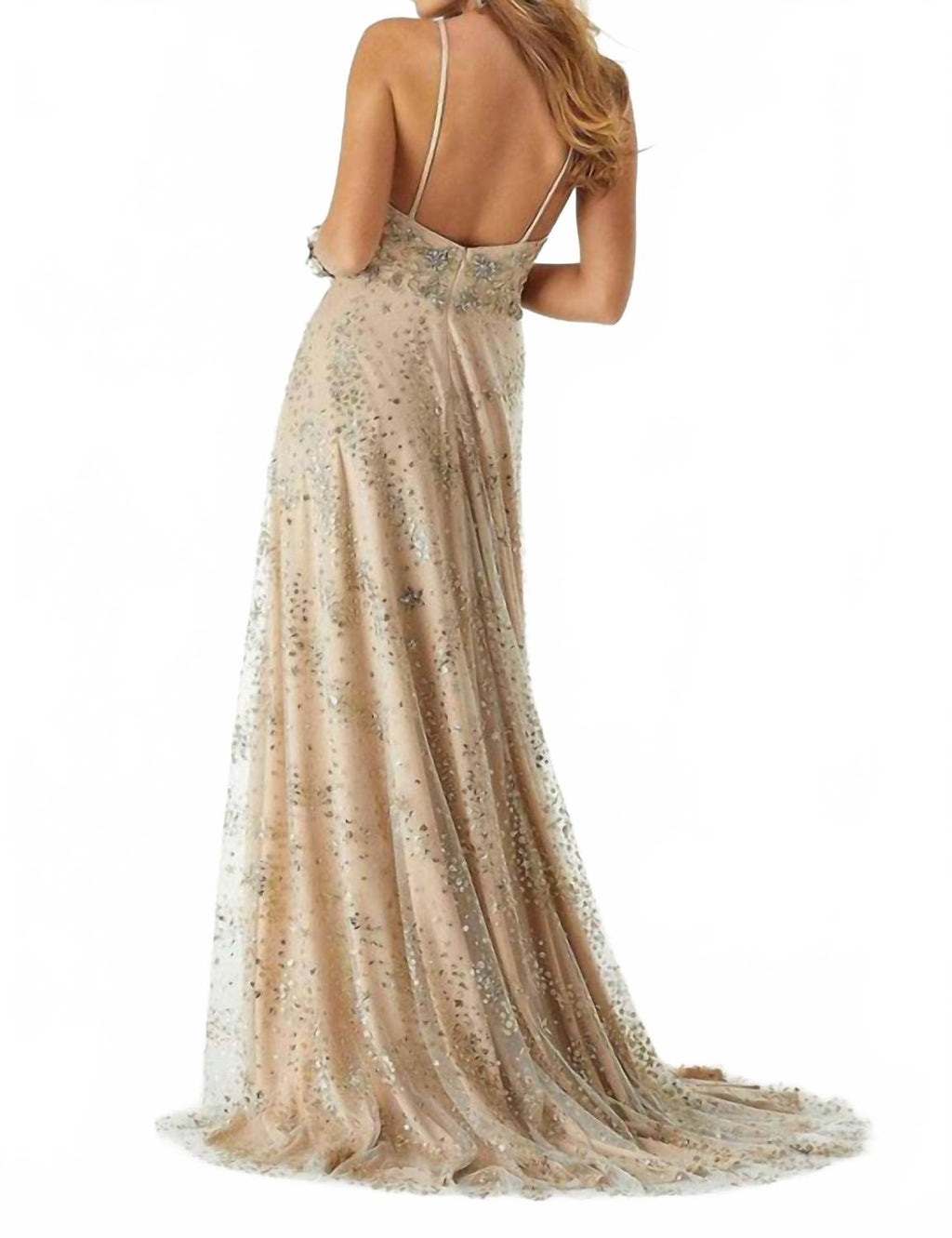 Plunging V-Neck High Slit Column Dress In Champagne Gold
