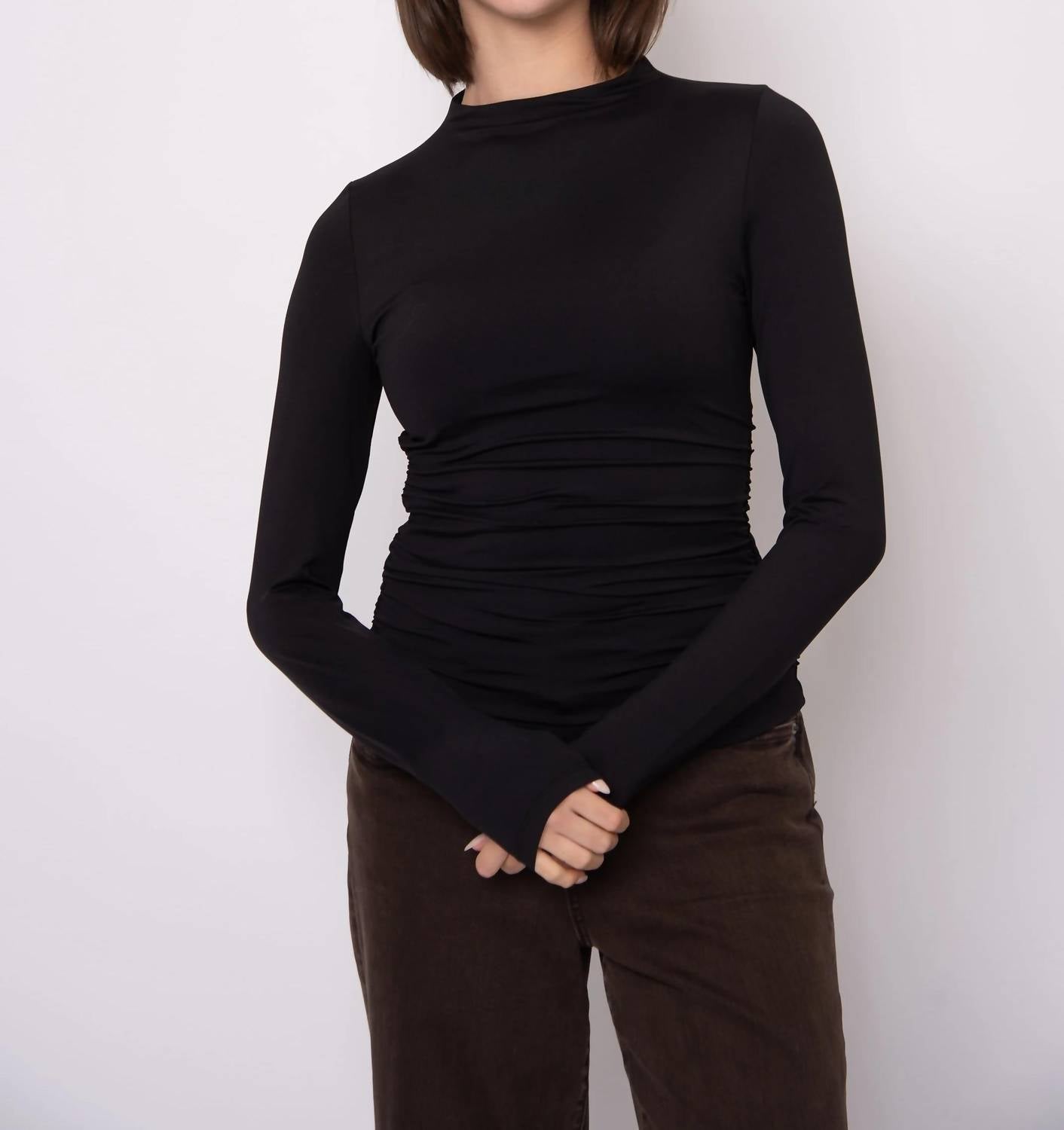 Funnel Neck Ruched Top In Black