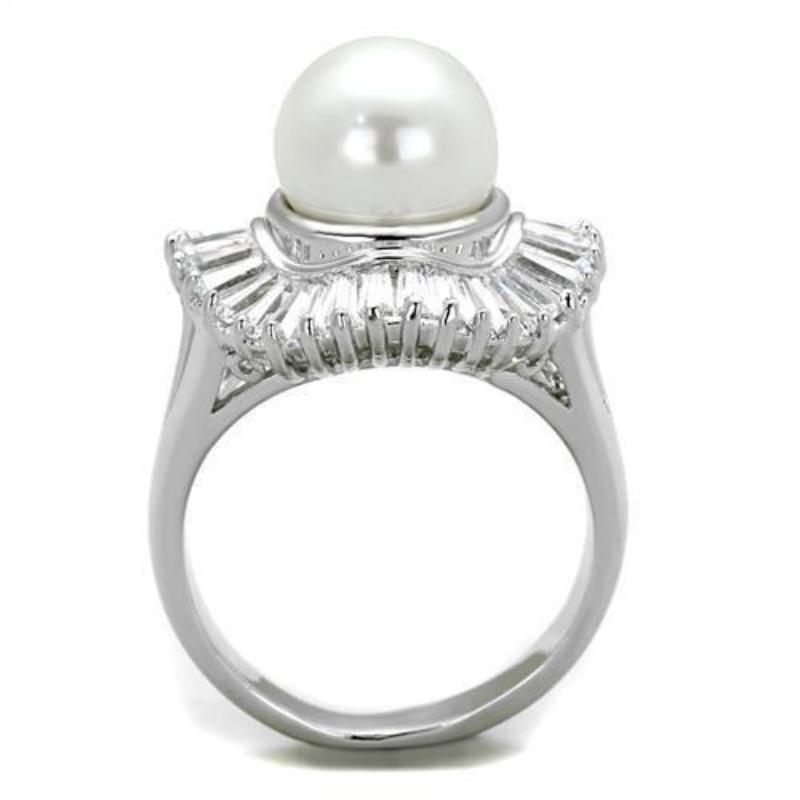 Rhodium Brass Ring with Synthetic Pearl in White