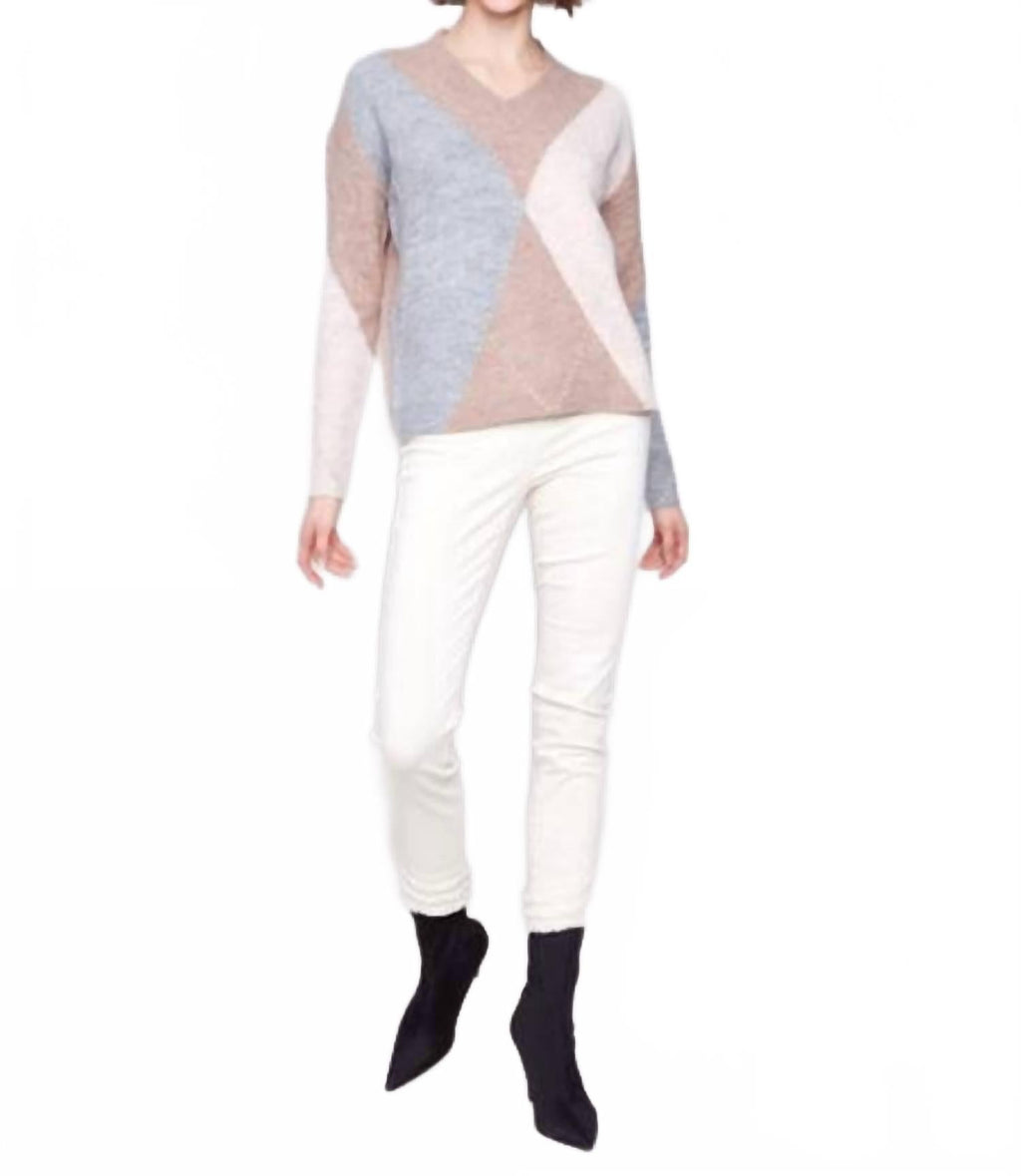 Drop Shoulder V Neck Argyle Jacquard Sweater In Sesame