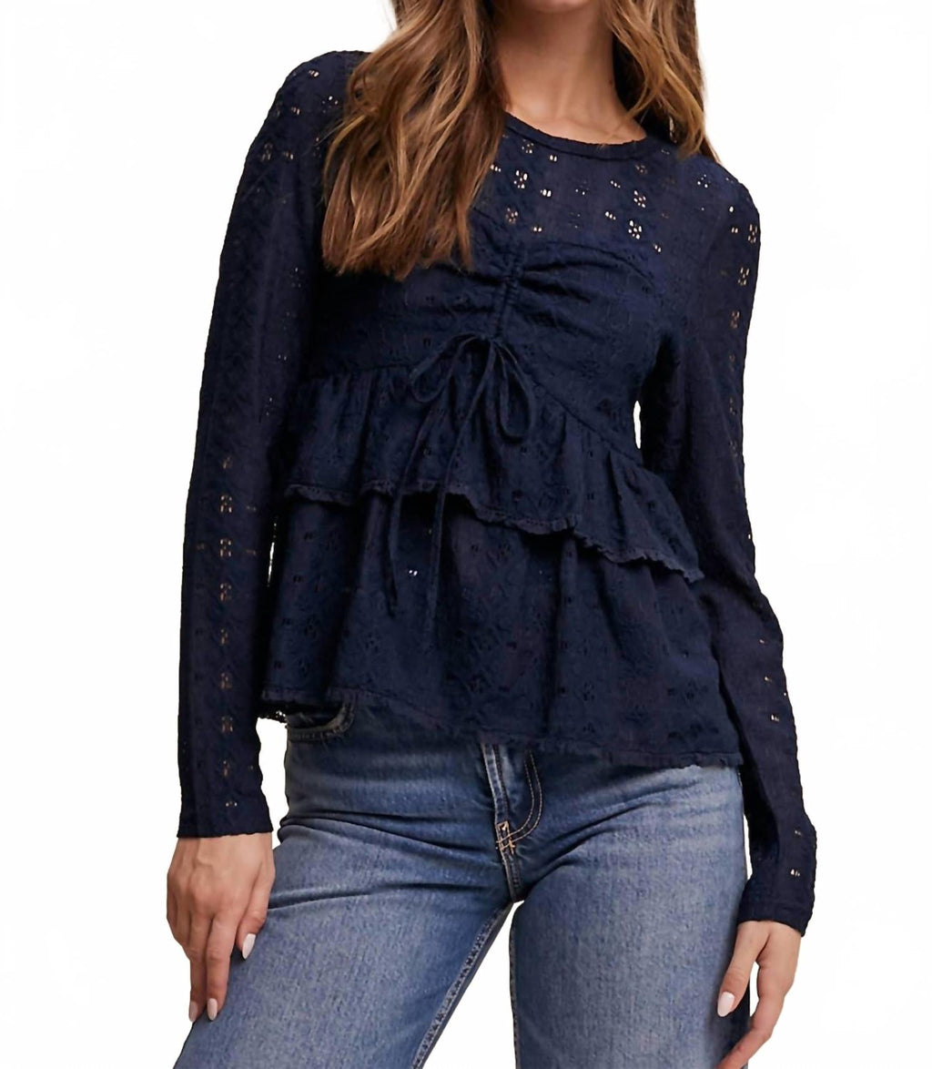 Stretch Lace Tiered Blouse With Drawstring Detail In Navy