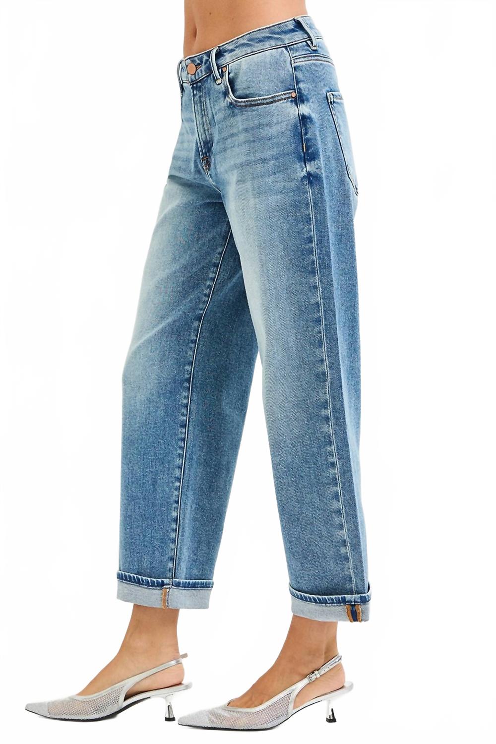 Mid Rise Cuff Boyfriend Jeans In Blue
