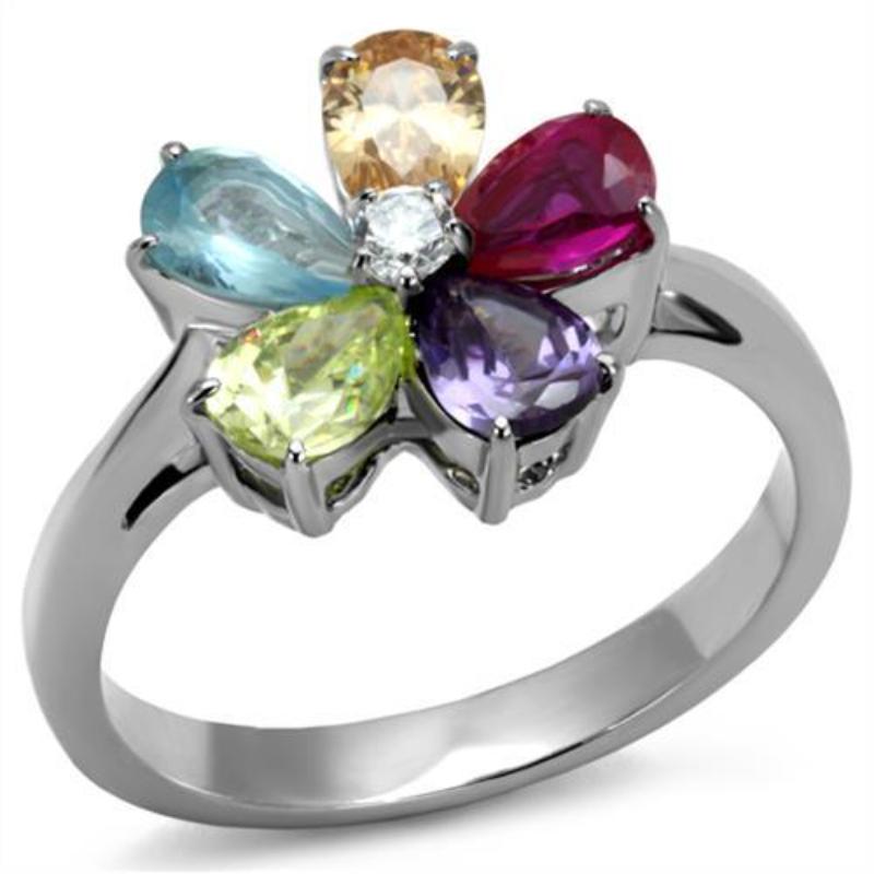 High polished (no plating) Stainless Steel Ring with AAA Grade CZ in Multi Color
