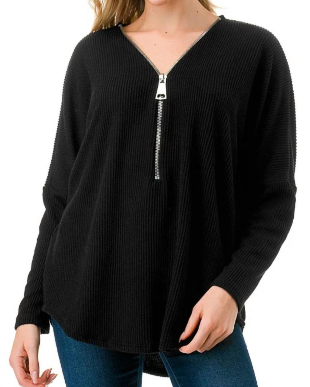 Dolman Sleeve Zipper Top In Black/infinity