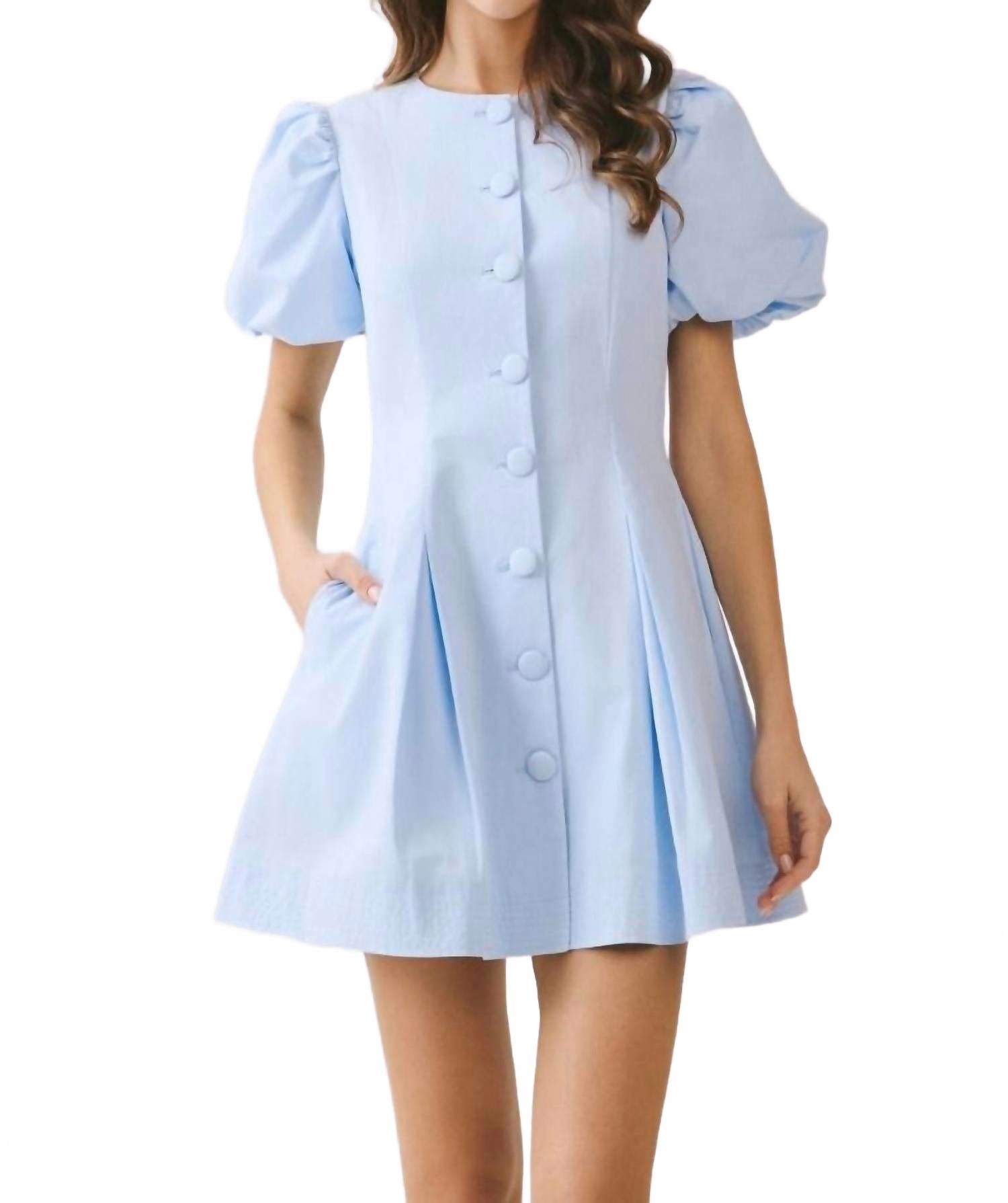 Puff Sleeve Button Dress In Baby Blue