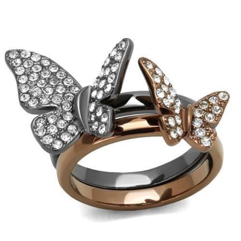 IP Light Black & IP Light coffee Stainless Steel Ring with Top Grade Crystal in Clear