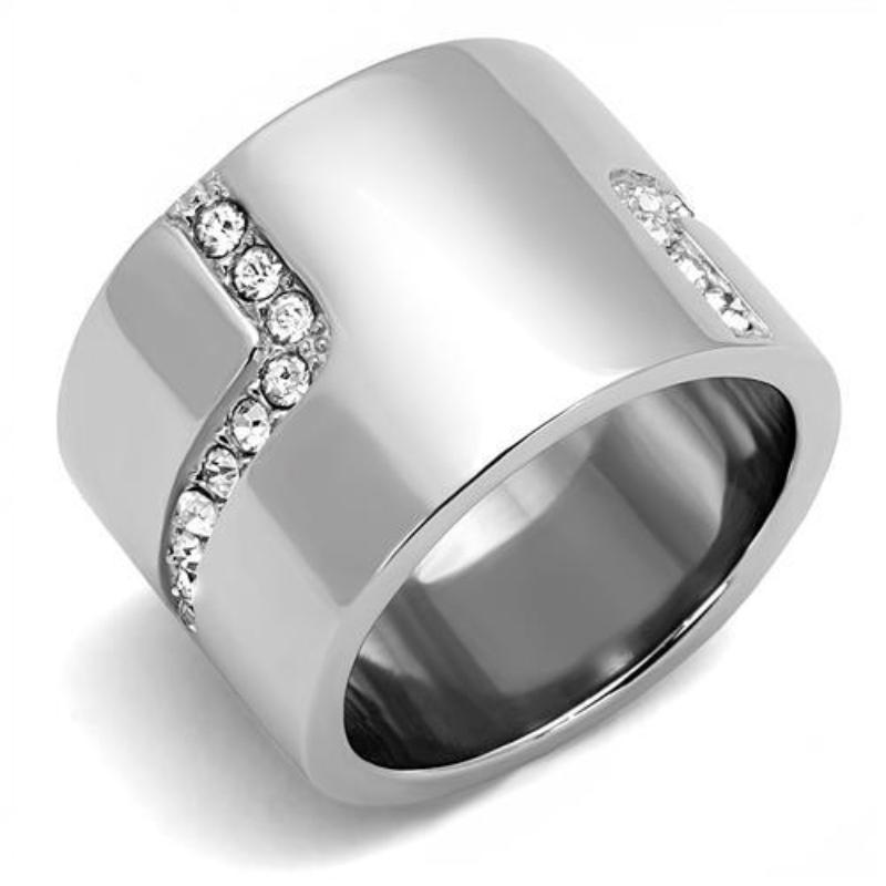 High polished (no plating) Stainless Steel Ring with Top Grade Crystal in Clear