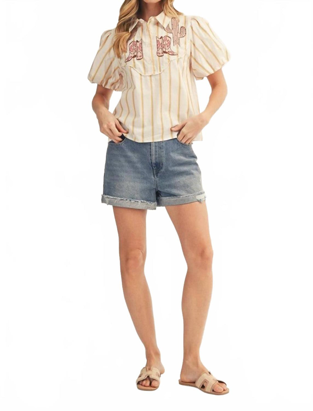 Boots Galore Striped Button Up Shirt In White / Yellow