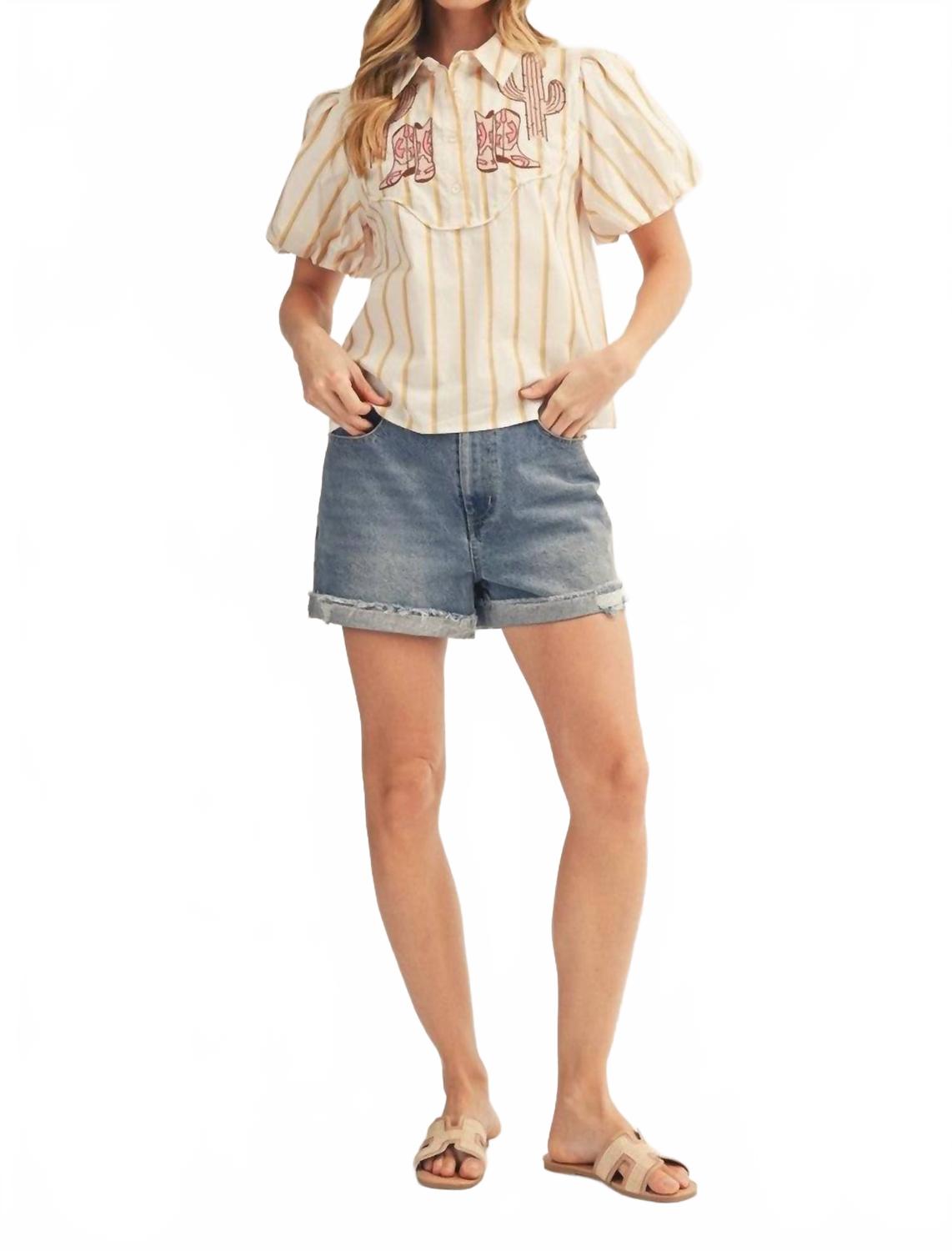 Boots Galore Striped Button Up Shirt In White / Yellow