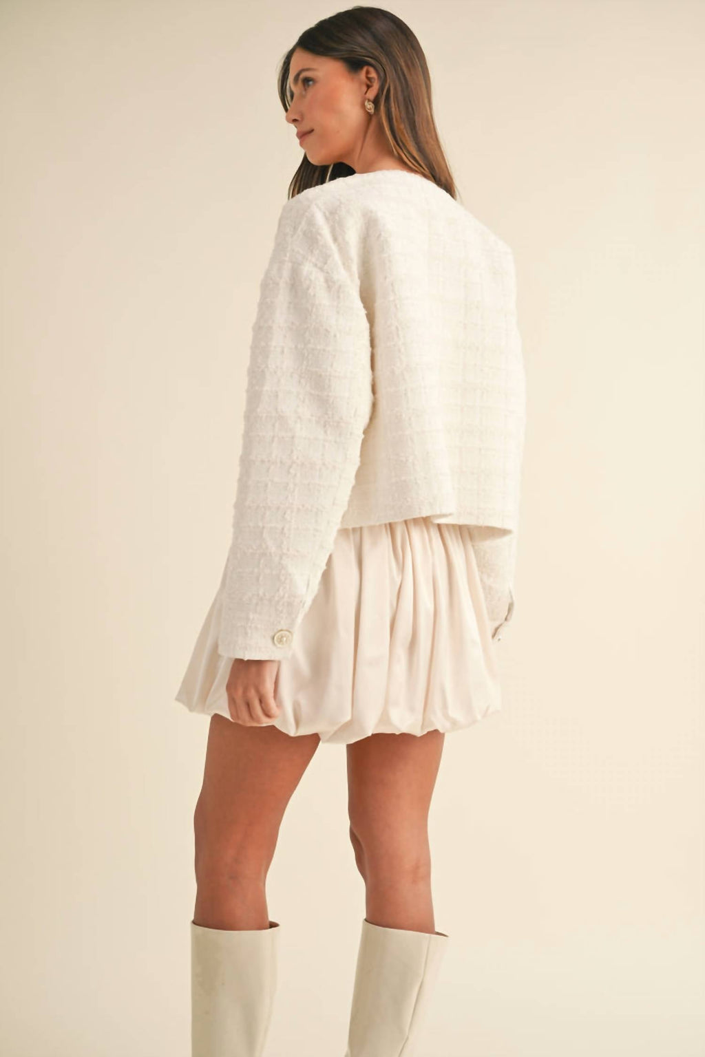 Jewel Button Up Tweed Jacket In Cream