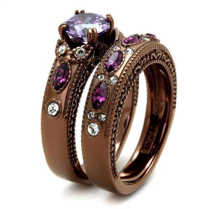 IP Coffee light Stainless Steel Ring with AAA Grade CZ in Amethyst