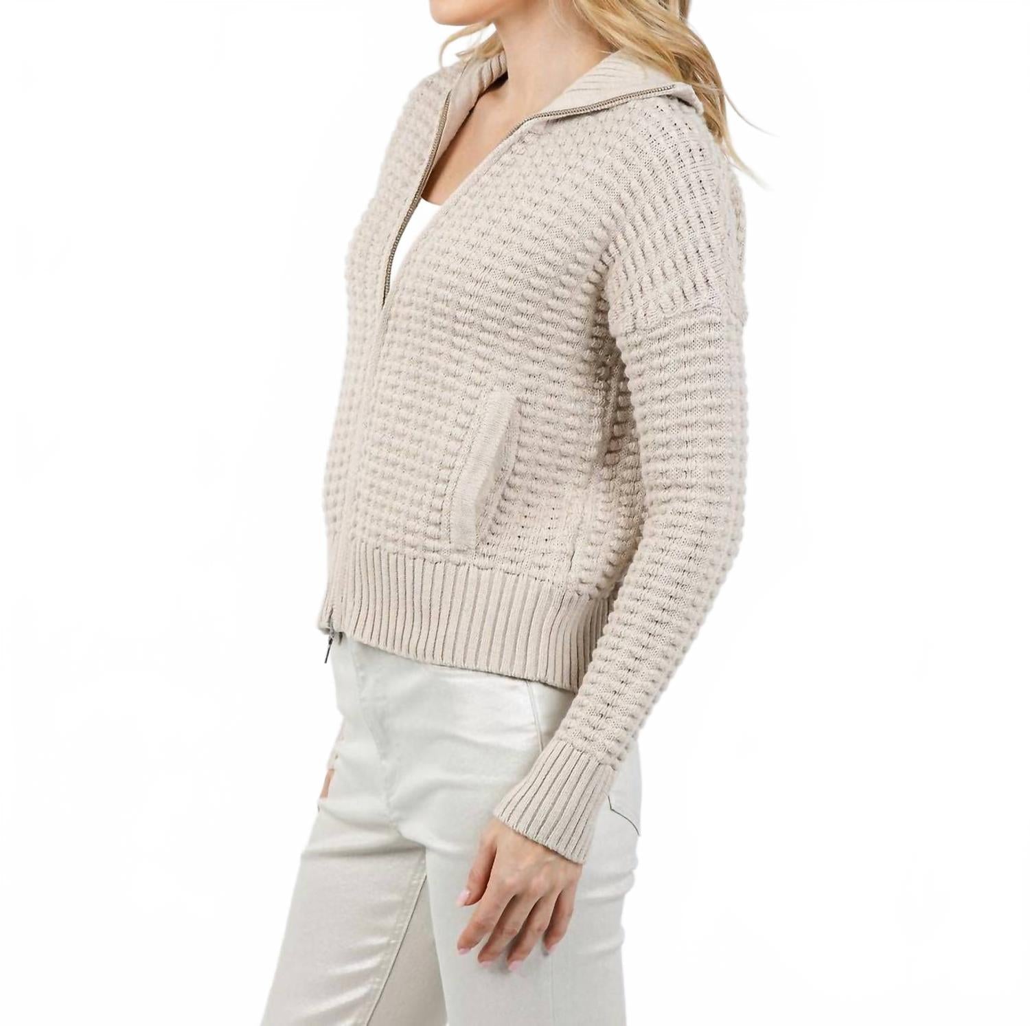 Bobble Zip Cardigan In Dune