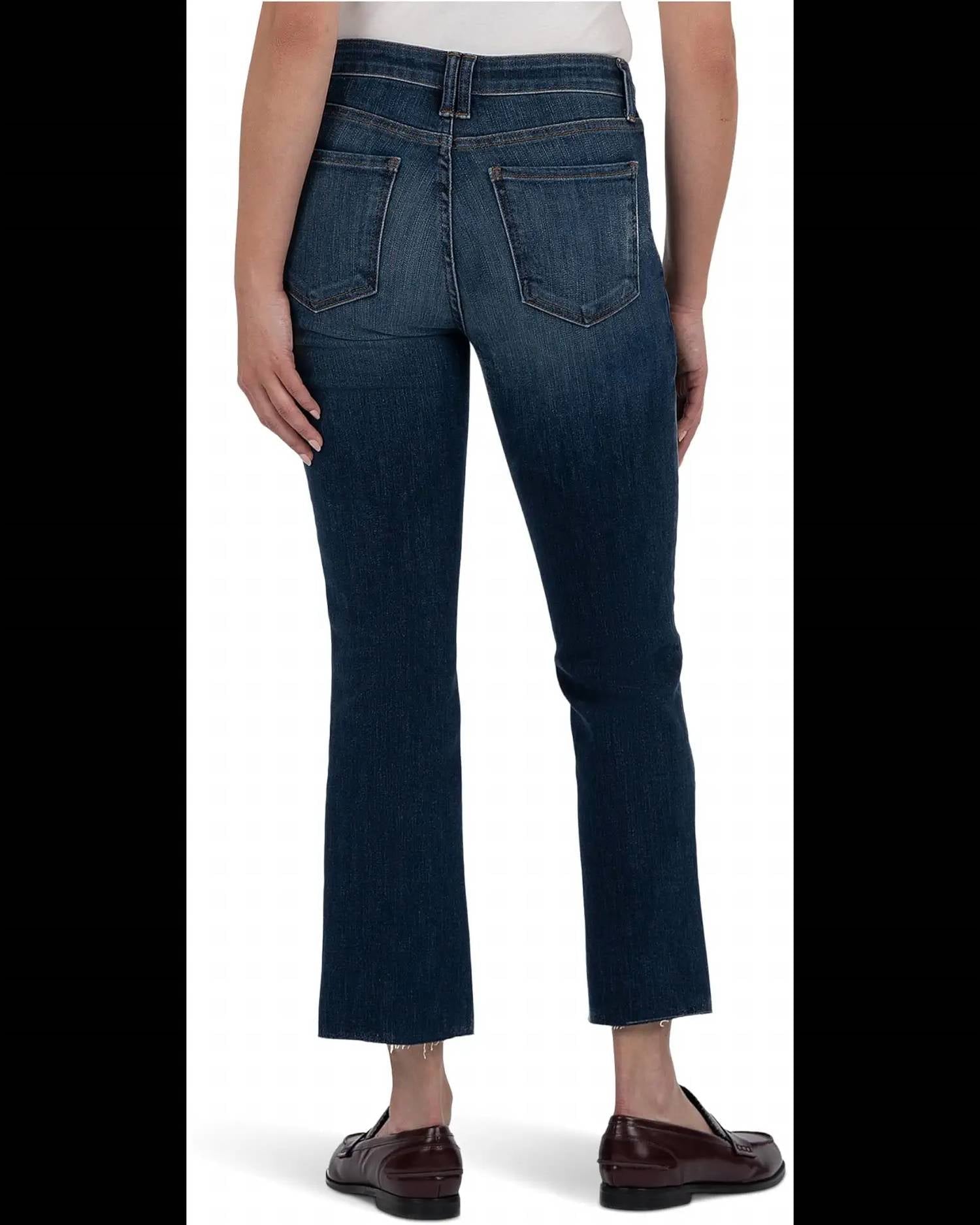 Kelsey High Rise Flare Front Pockets Inset Raw Hem Jean In Precocious