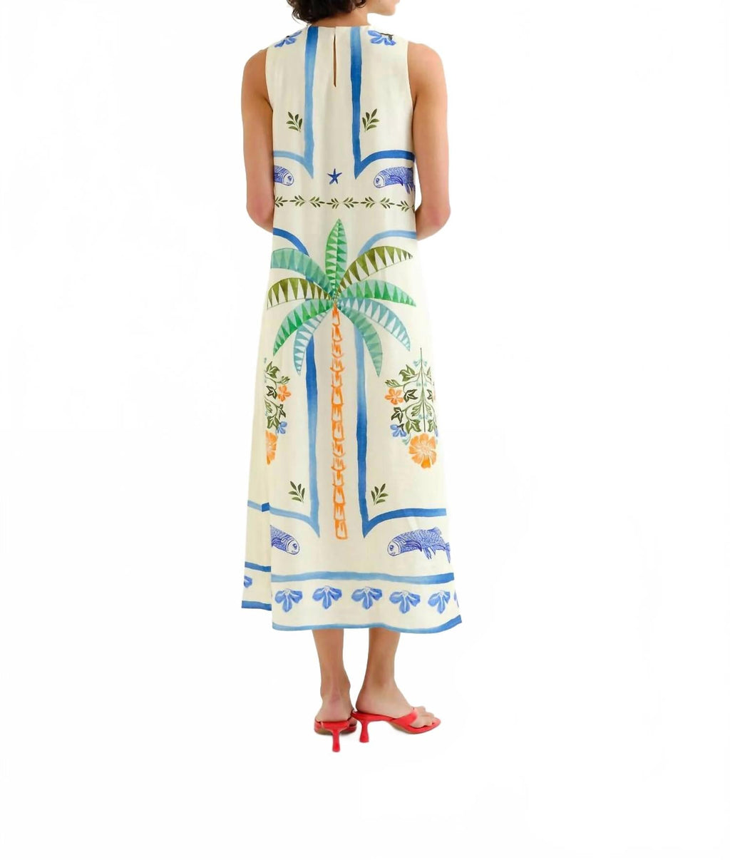 Palm And Mermaid Midi Dress In Beige