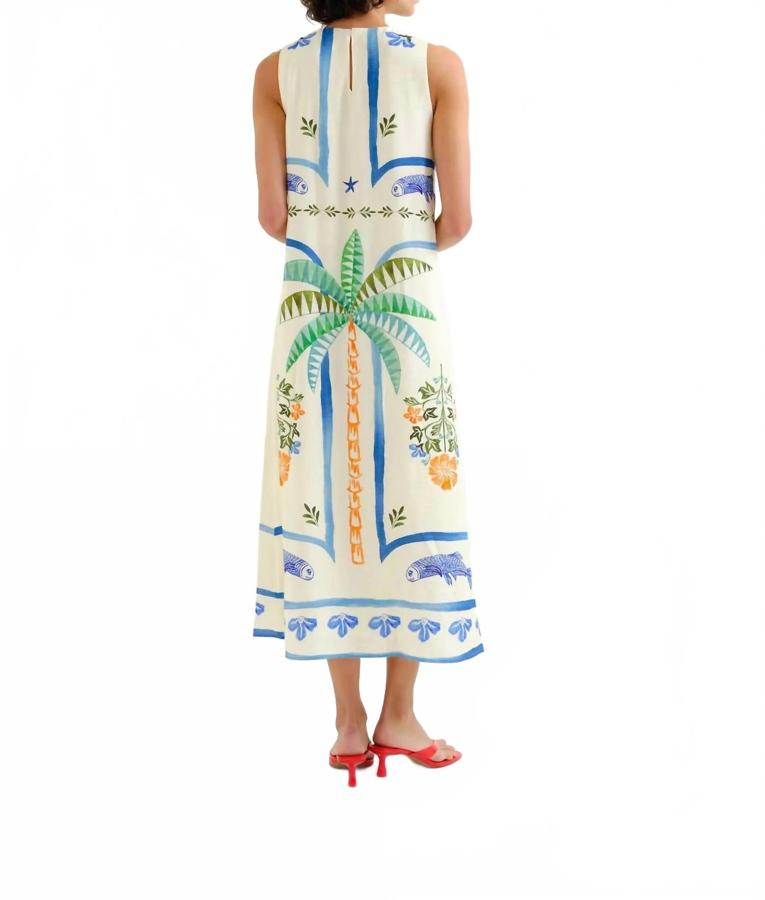 Palm And Mermaid Midi Dress In Beige