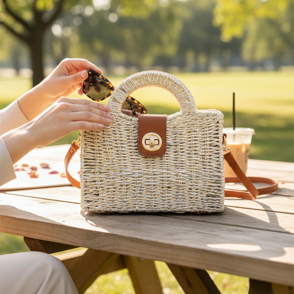 Structured Top Handle Woven Mini Satchel Crossbody Bag