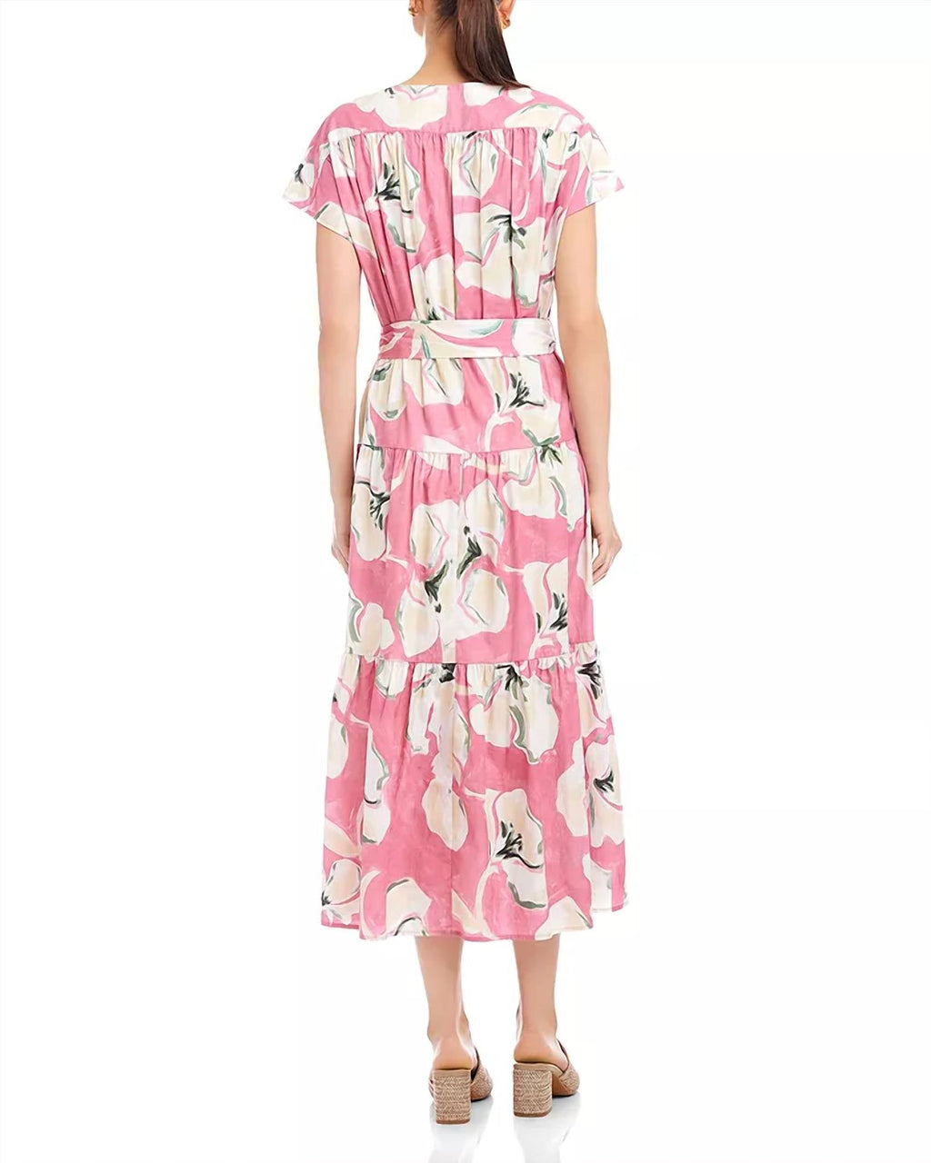 Kristine Tiered Front Slit Midi Dress In Pink Floral