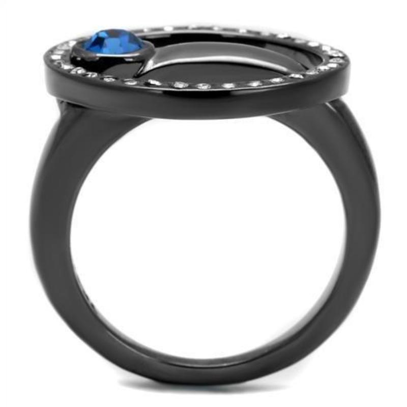 IP Light Black Stainless Steel Ring with Top Grade Crystal in Capri Blue