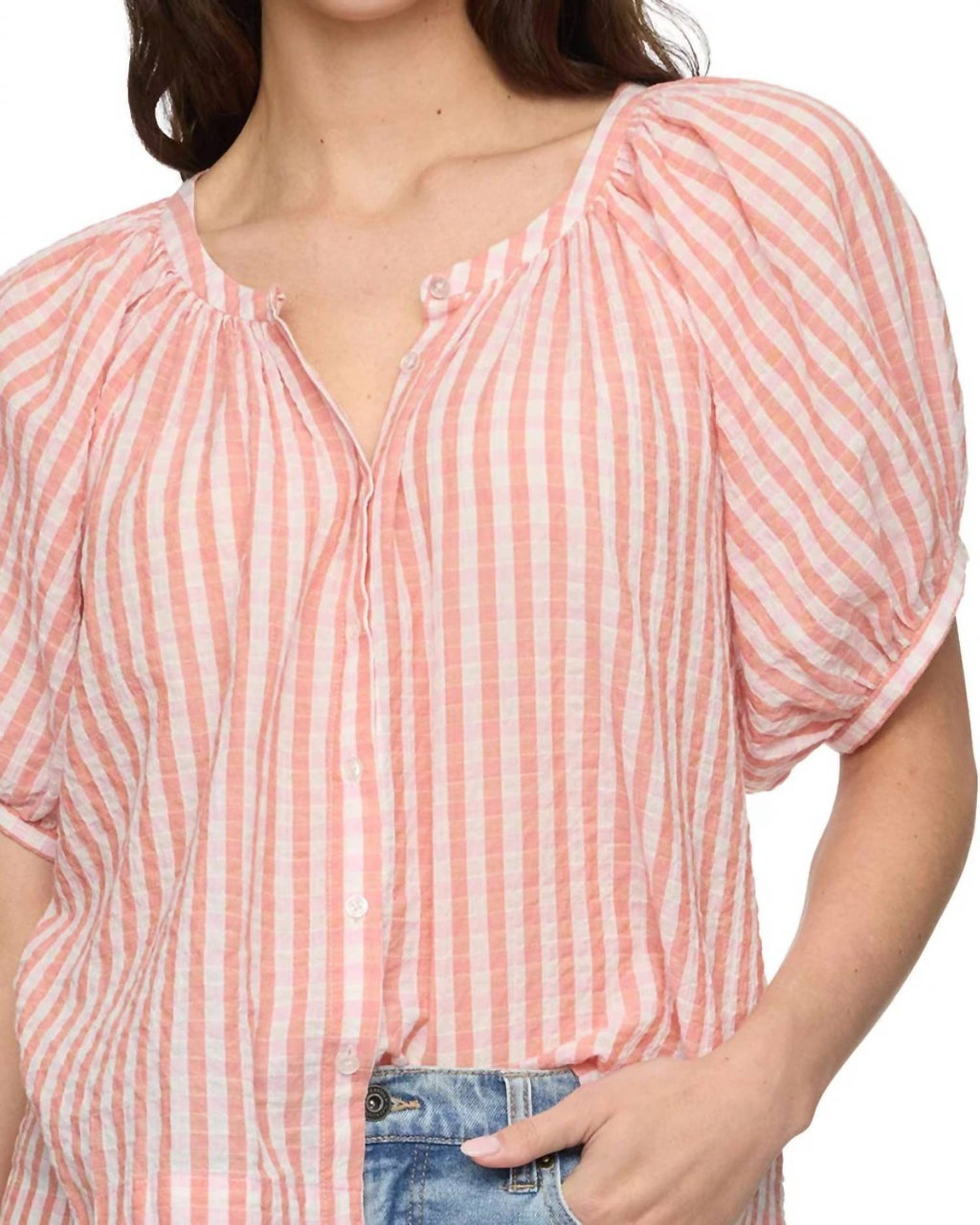 Carolina Pucker Short Sleeve Button Front Peasent Blouse In Pink Plaid