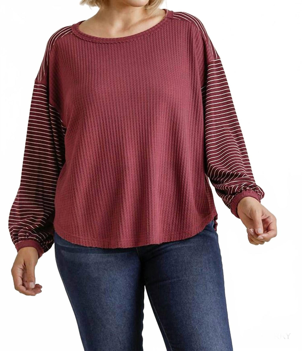 Ribbed Sleeve Top In A Waffle Knit With High Low Hem - Plus In Berry Striped