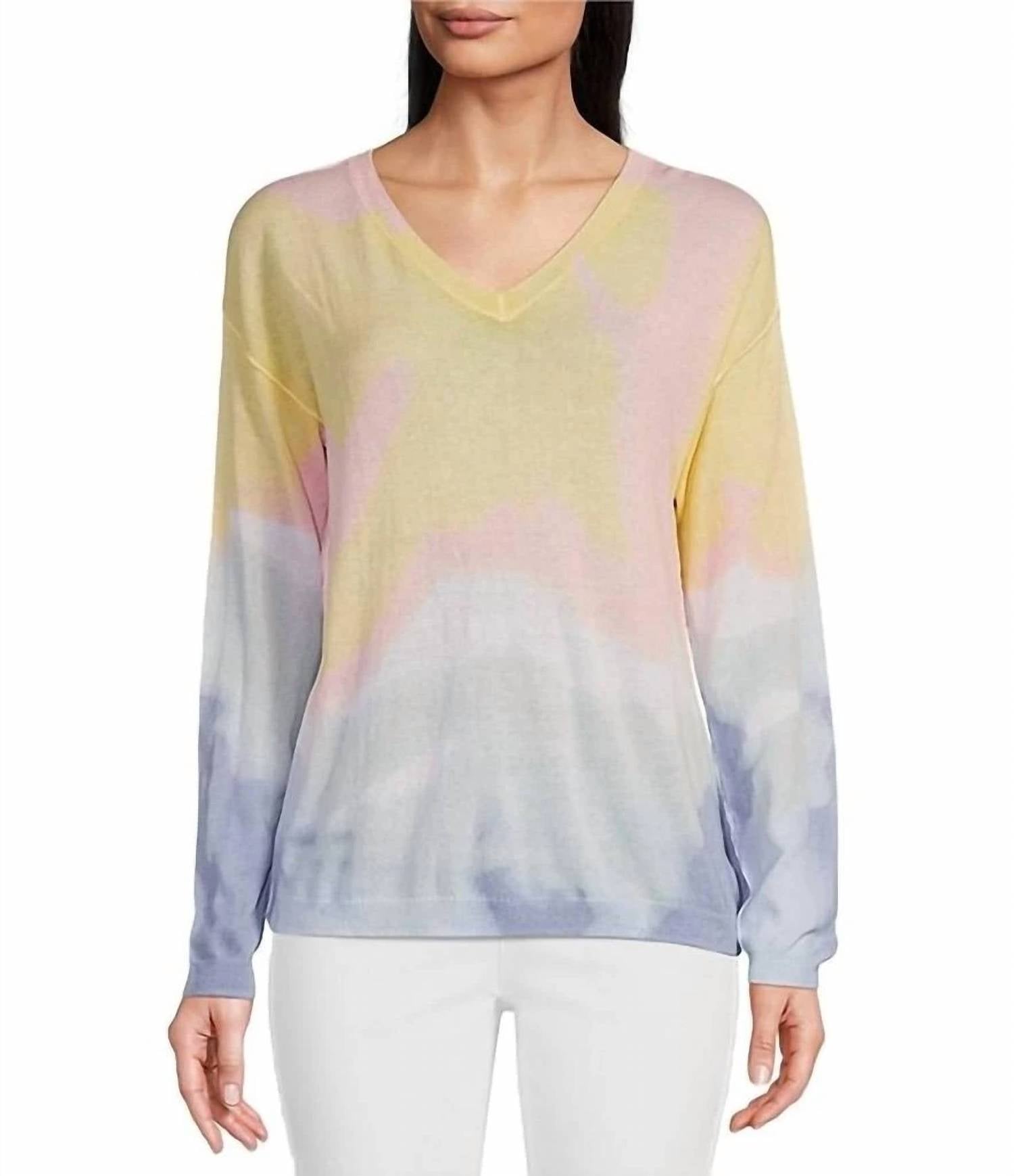 Printed Light Cotton V-Neck Sweater In Tye Dye