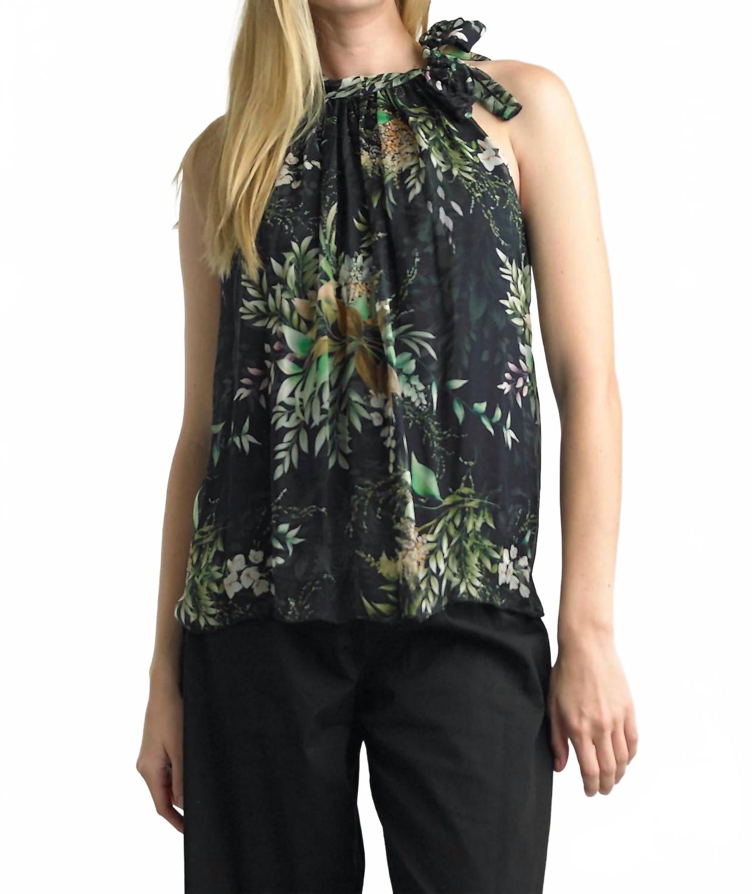 Print Neck Tie Top In Black