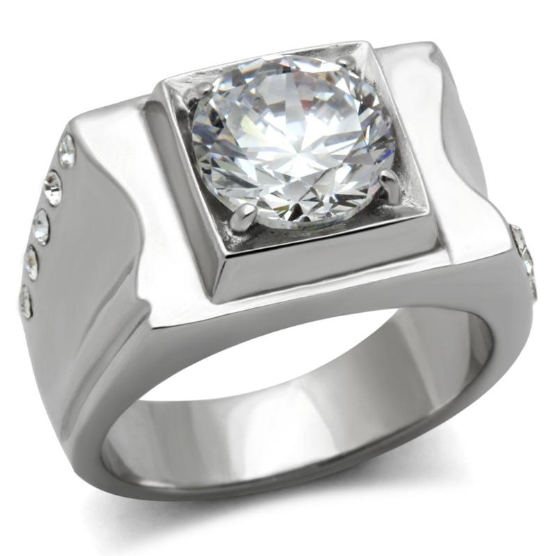 High polished (no plating) Stainless Steel Ring with AAA Grade CZ in Clear
