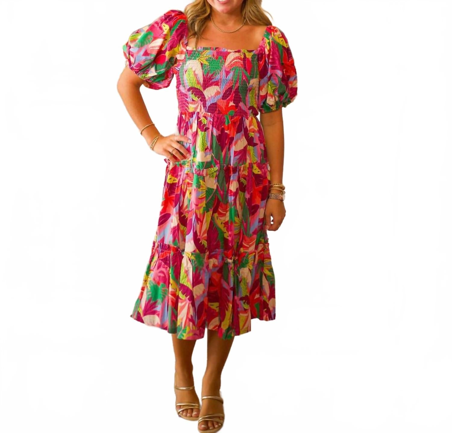 Square Neck Midi Dress In Pink Multi