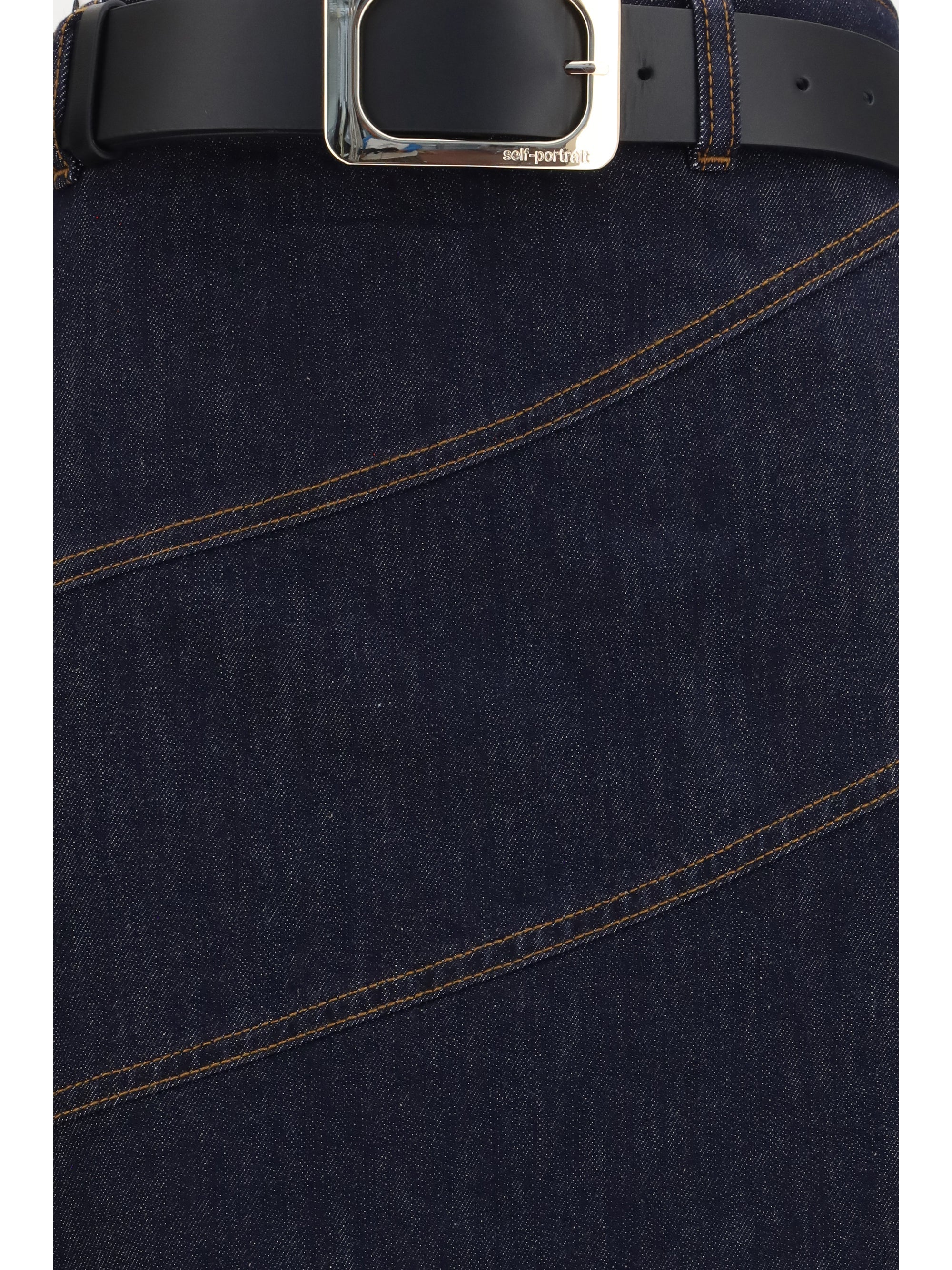 Self-Portrait Women Denim Midi Skirt With Belt