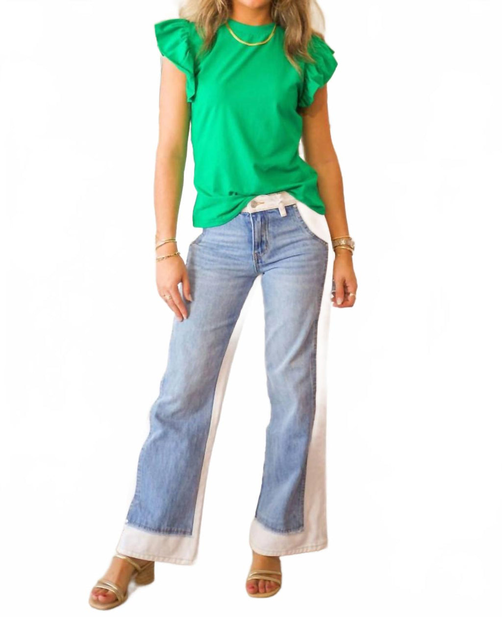 Jeremy Mid Rise Two Tones Wide Leg Jean In Cream