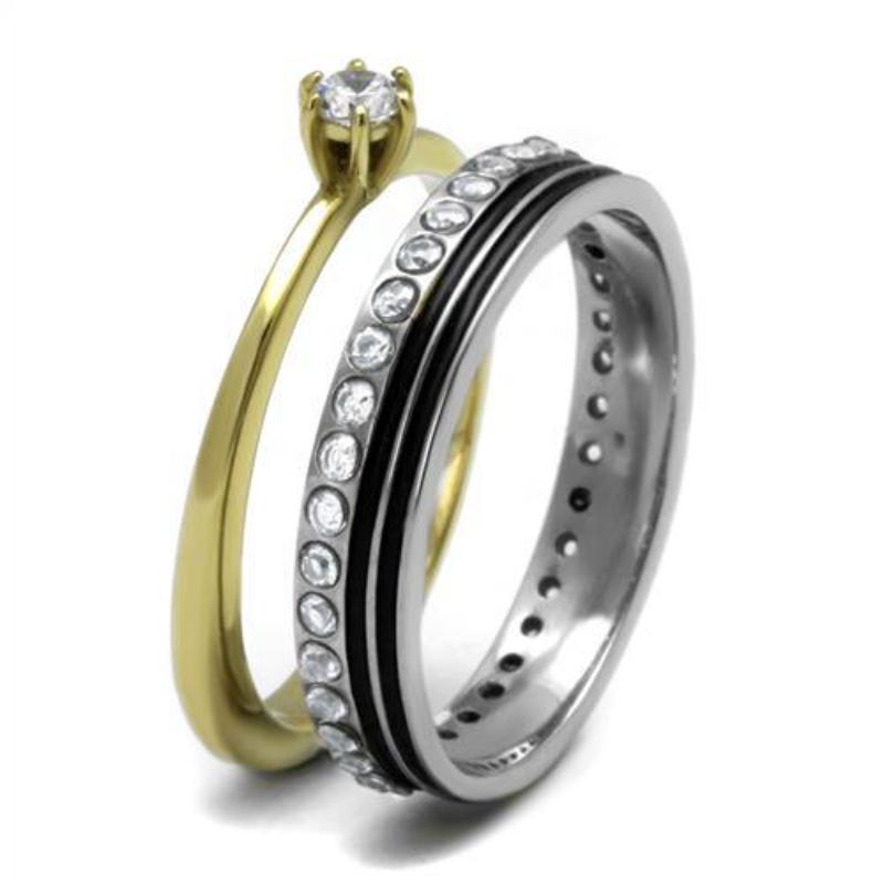 Two-Tone IP Gold (Ion Plating) Stainless Steel Ring with AAA Grade CZ in Clear