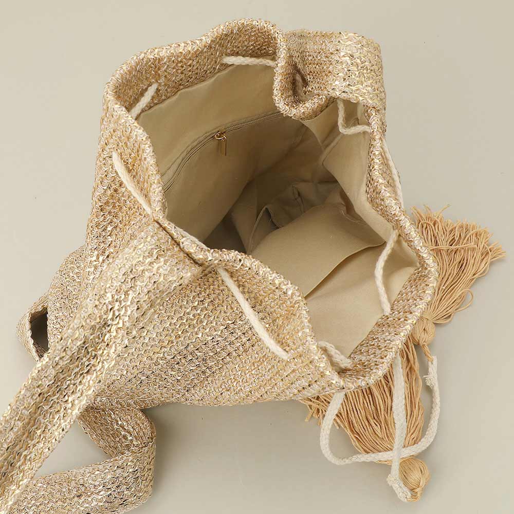 Metallic Woven Tassel Bucket Crossbody Bag