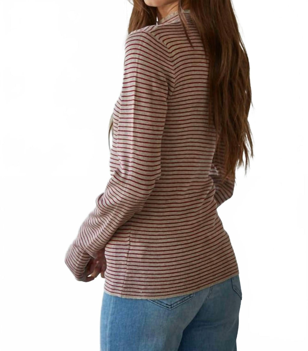 Knit Sweater Striped Mock Neck Top In Taupe Red