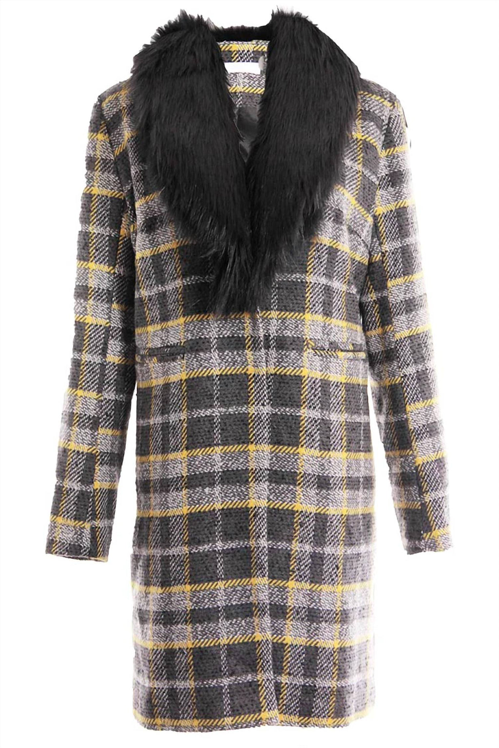 Long Plaid Coat With Detachable Fur Collar In Yellow/grey