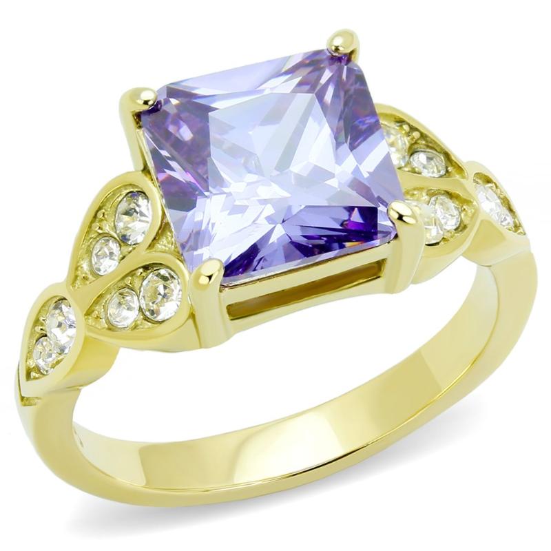 IP Gold(Ion Plating) Stainless Steel Ring with AAA Grade CZ in Light Amethyst