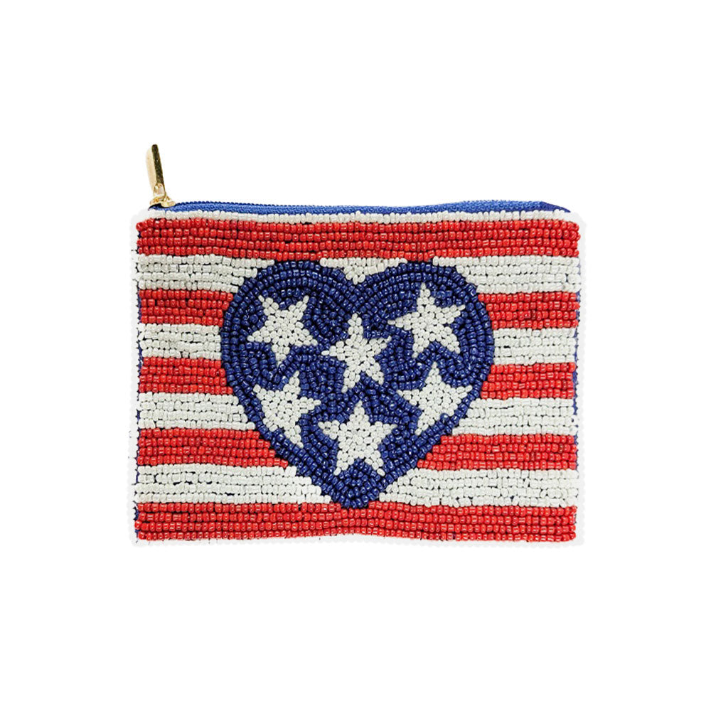 American USA Flag Heart Seed Beaded Mini Pouch Bag