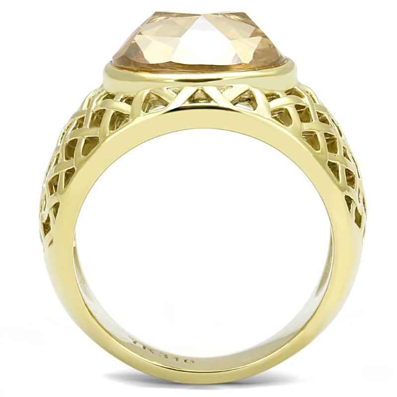 IP Gold(Ion Plating) Stainless Steel Ring with AAA Grade CZ in Champagne