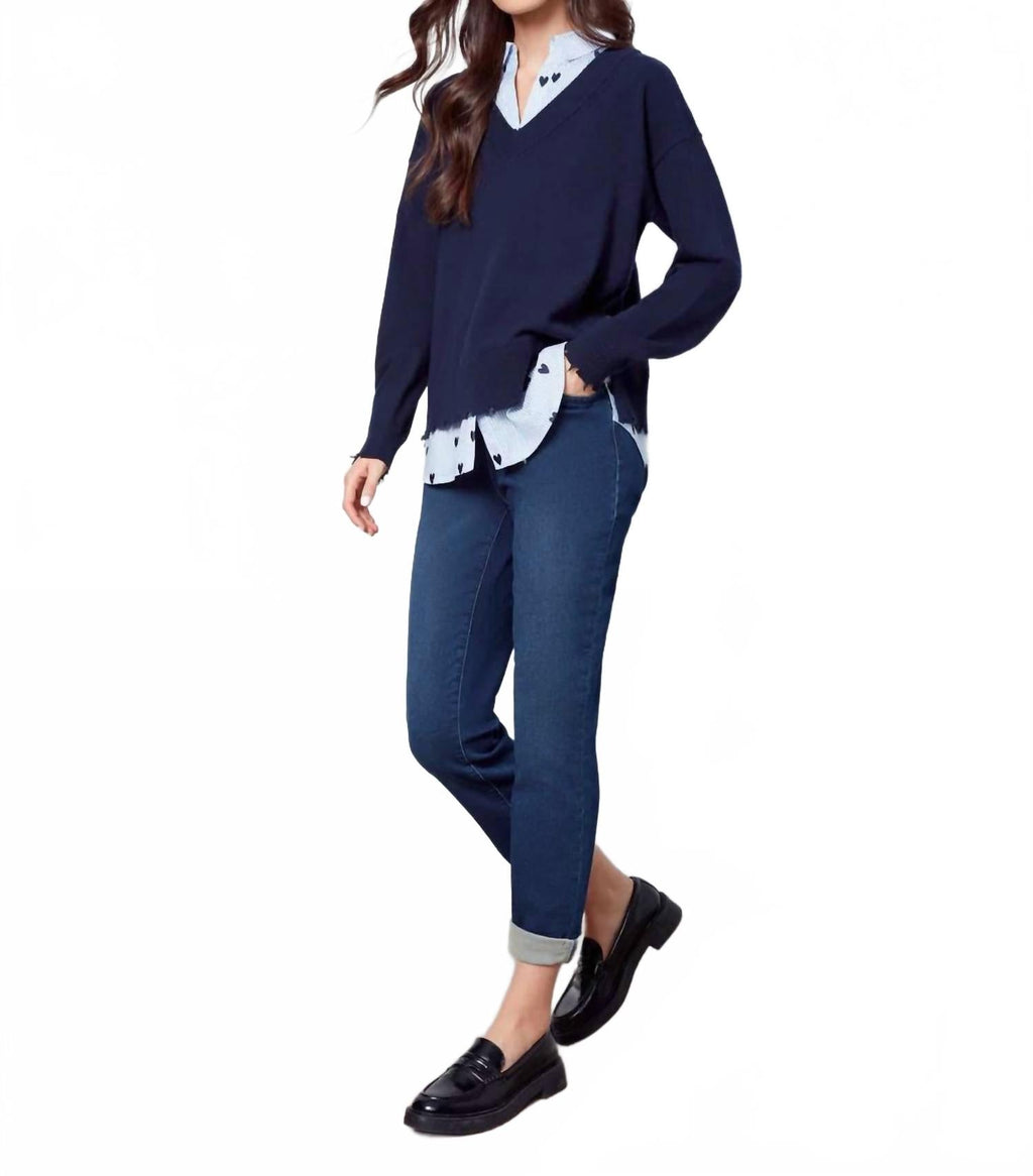 Margaret Layered Poplin Sweater In Navy