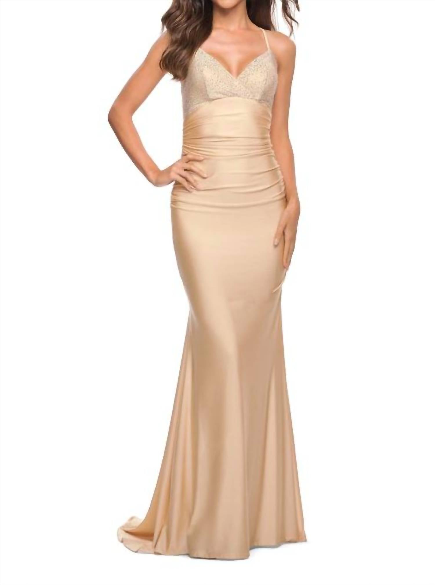 Fitted Long Jersey Prom Gown In Light Gold