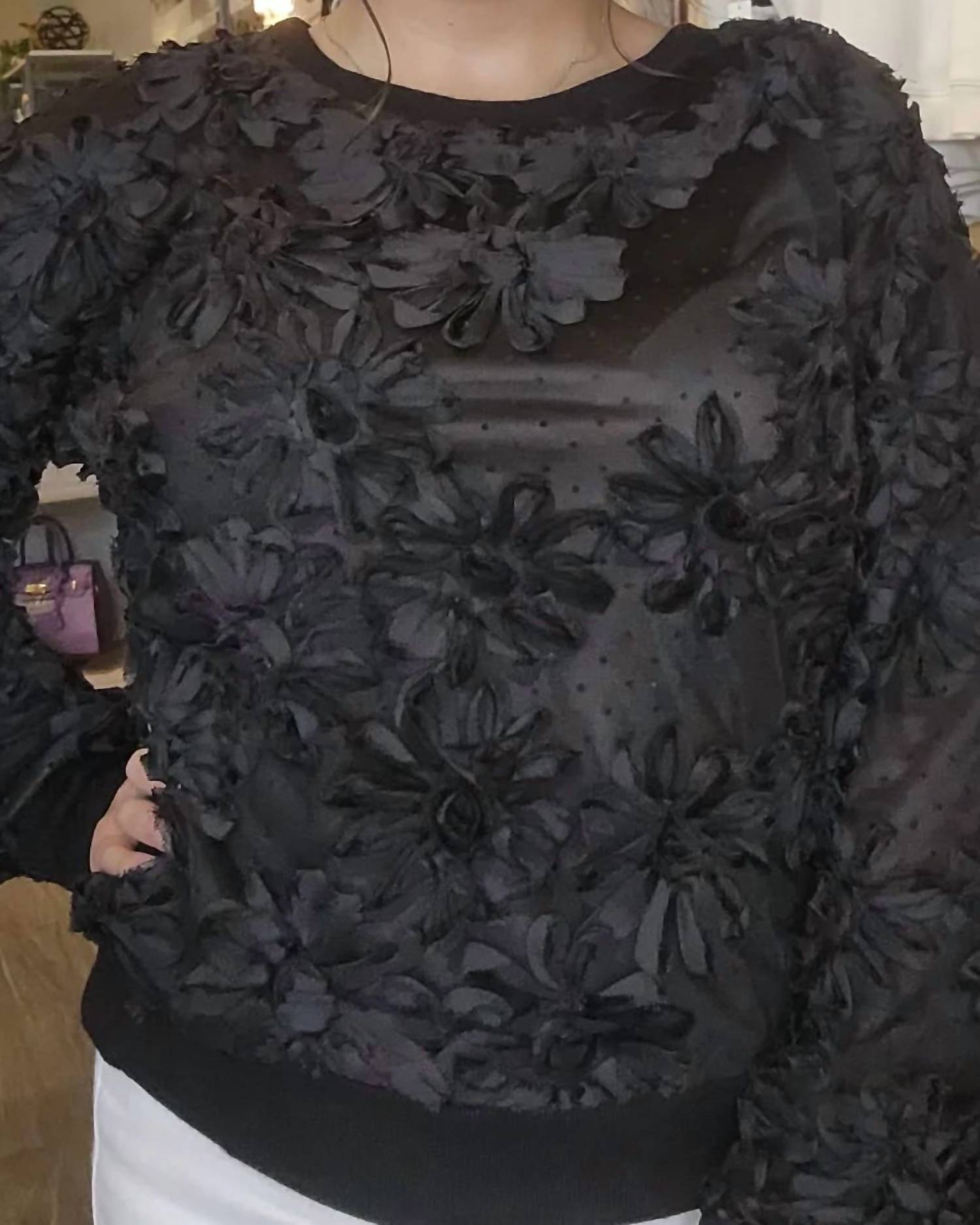 3D Floral Knit Sweater W/ Rib Trim In Black