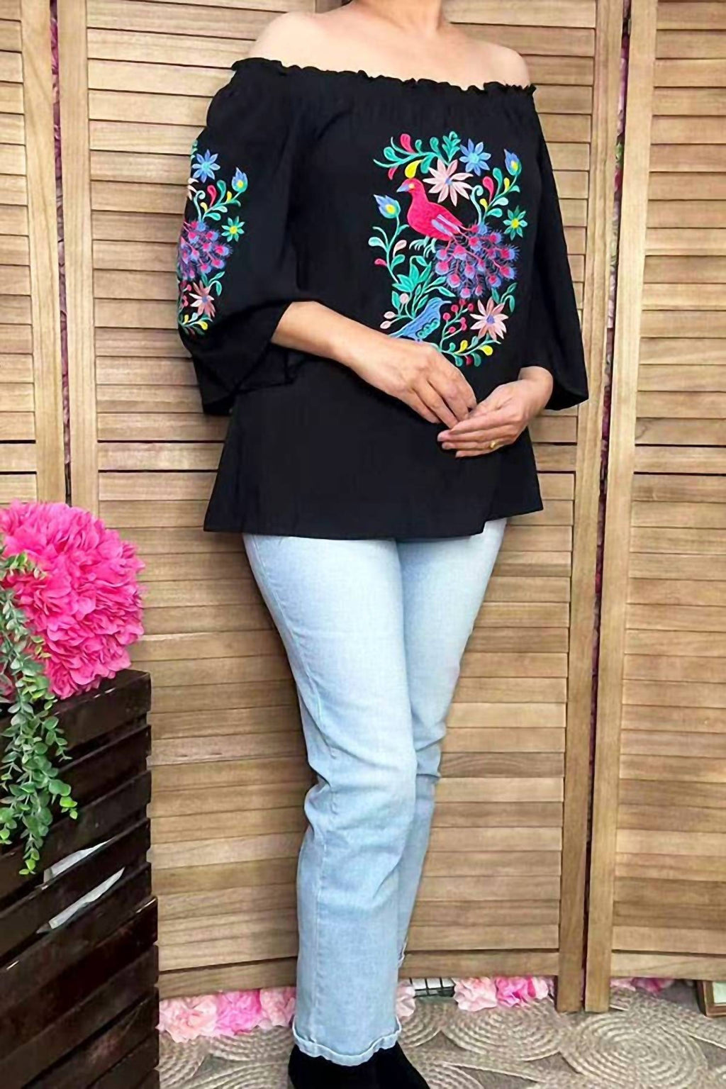 Floral & Bird Embroidered Off-Shoulder Boho Top In Black