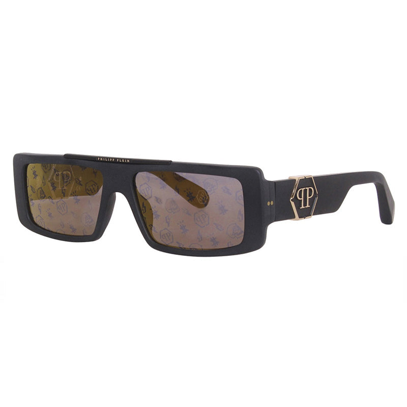 Philipp Plein Sunglasses Rectangle Full Rim, Matt Black Frame And Gold Mirror With Pattern Lens Spp003M703L