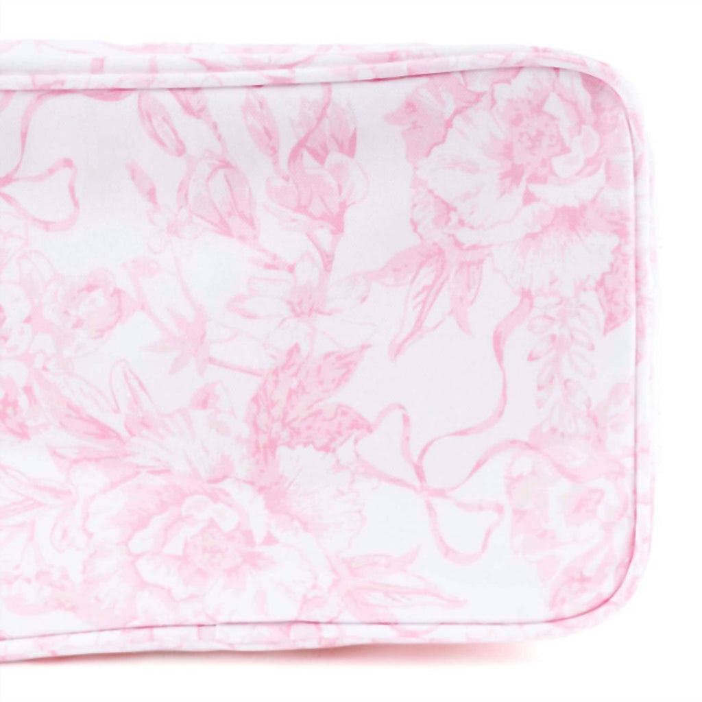 Women's Clear Coated Rectangular Cosmetic Case In Pink Bow Toile